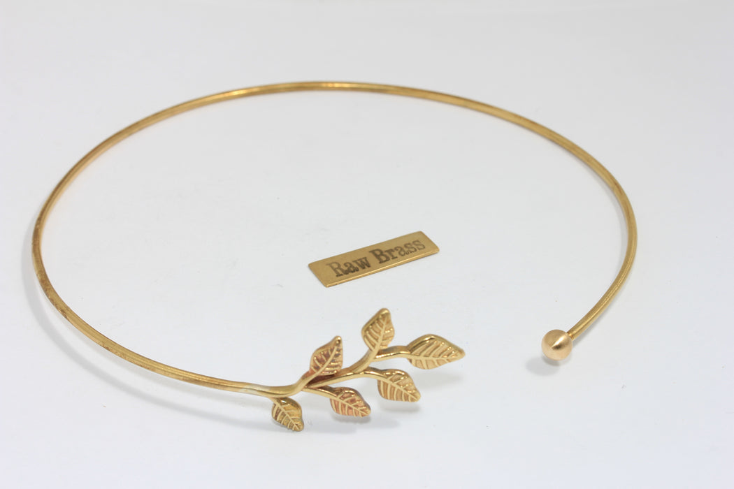 Raw Brass Leaf Choker Necklace, Opening Screw Ball Choker Necklace Cuff, Domed Wire Neck Cuff, TVF91