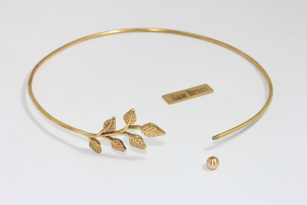 Raw Brass Leaf Choker Necklace, Opening Screw Ball Choker Necklace Cuff, Domed Wire Neck Cuff, TVF91