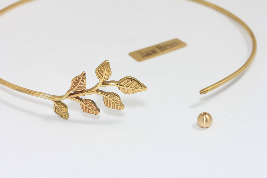 Raw Brass Leaf Choker Necklace, Opening Screw Ball Choker Necklace Cuff, Domed Wire Neck Cuff, TVF91