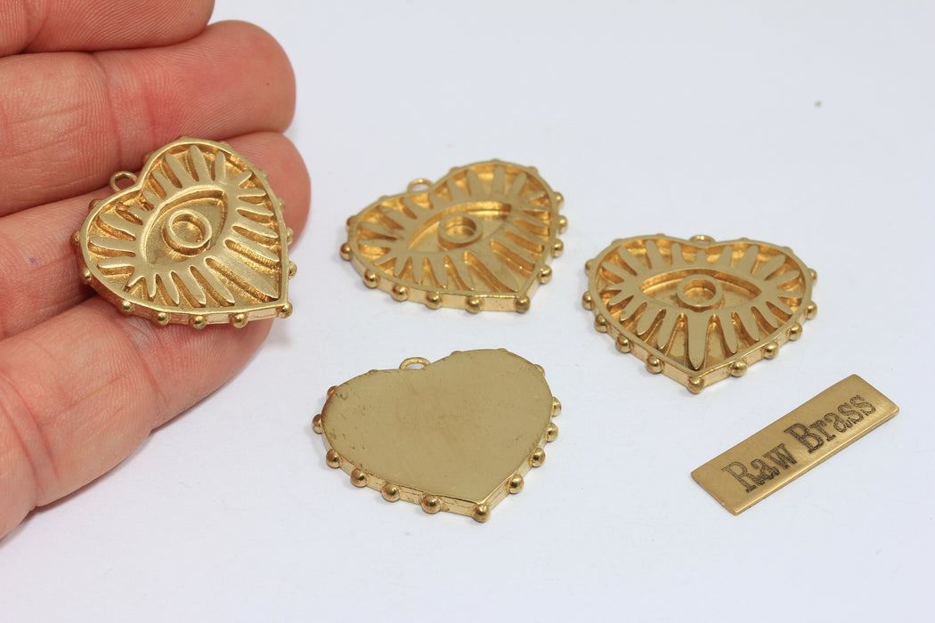 26x28mm Raw Brass Evil Eye Pendant, Heart Evil Eye Cabochon Settings, DOM79