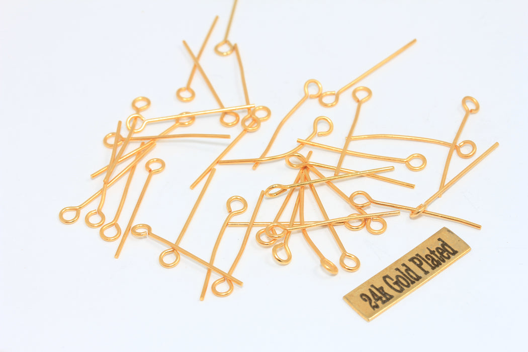 0,85x25mm Eye Pins 24k Shiny Gold Plated , Gold,Eye pins DOM38
