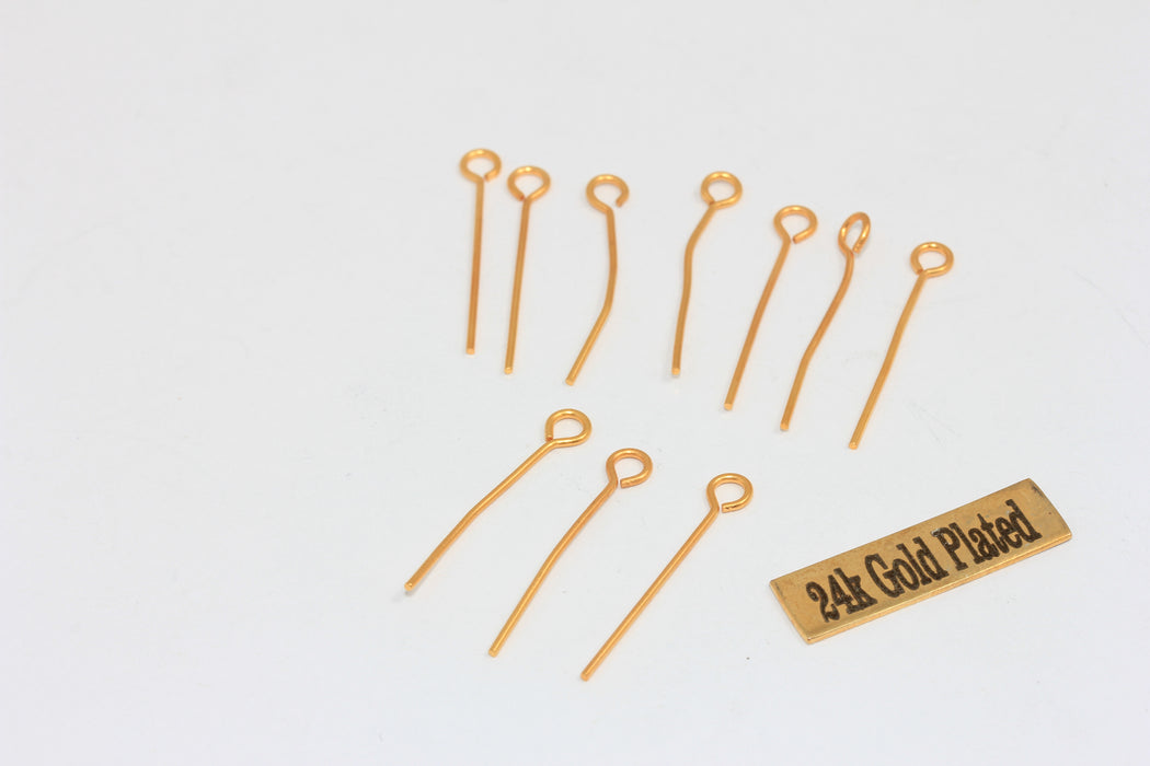 0,85x25mm Eye Pins 24k Shiny Gold Plated , Gold,Eye pins DOM38