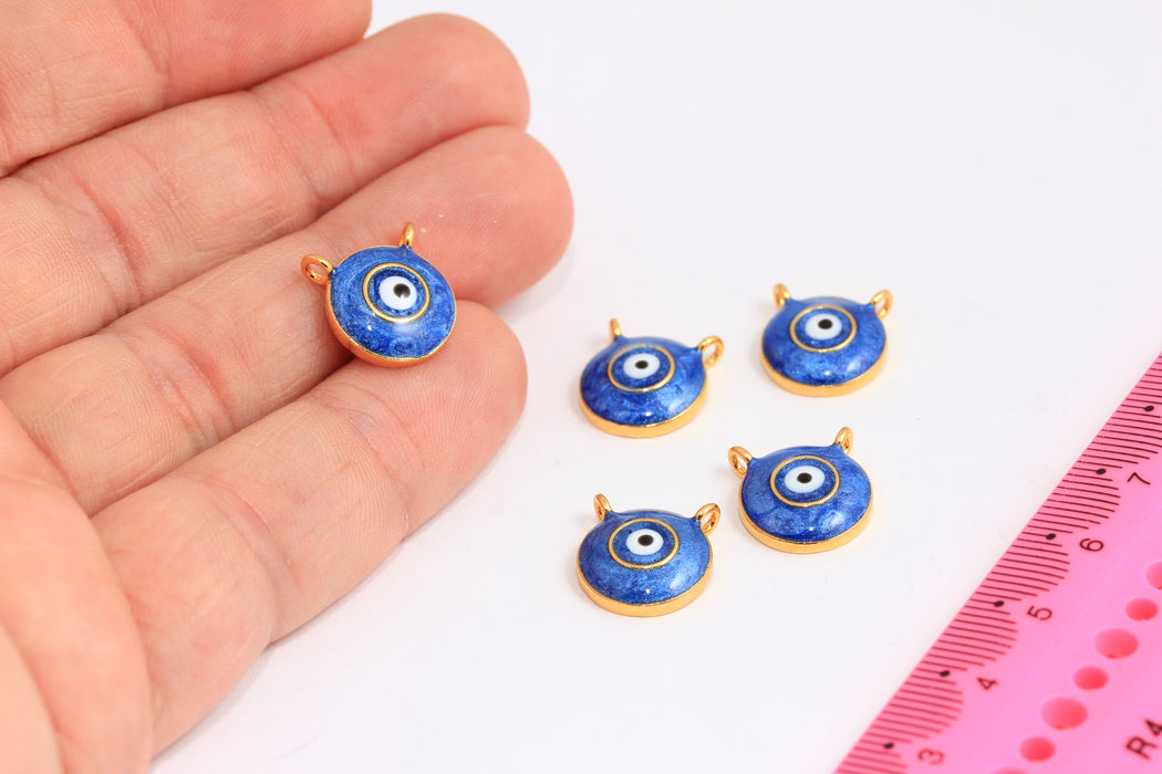 13x14 mm 24 ayar parlak altın nazar boncuğu kolye, nazar boncuğu kolye, lacivert mineli yuvarlak kolye ucu, kolye ucu, zarif kolye ucu, ROSE518