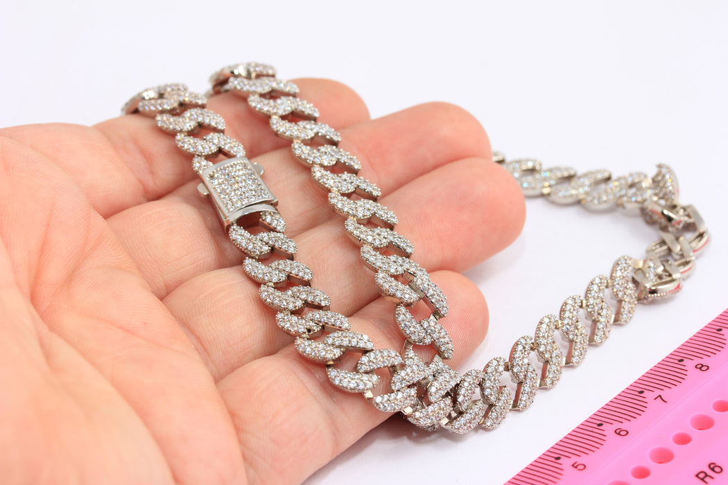 17" Rodyum Kaplama Küba Bağlantı Kolyesi, CZ Kolyeler, Küba Bağlantı Zinciri, Hazır Kolye, Kübik Zirkon, Gümüş Kaplama Kolye, ROSE435-2