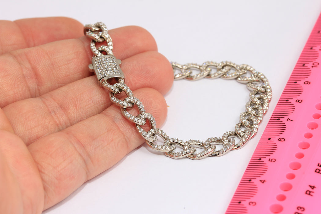 7" Rhodium Plated Cuban Link Bracelet, CZ Bracelets, Curb Link Chain, Ready Bracelets, Cubic Zirconia, Silver Plated Bracelet, ROSE552-2