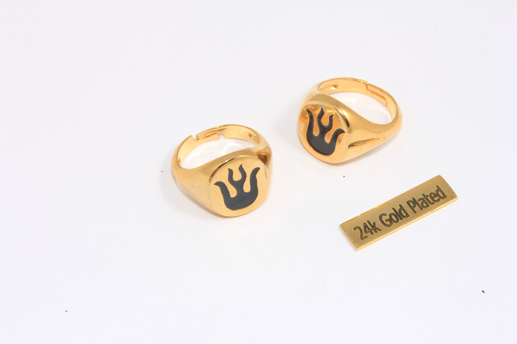 17-18mm 24k Shiny Gold Fire Ring, Flame Statement Rings, Black Enamel Flame Rings, Coin Rings,  MTE329