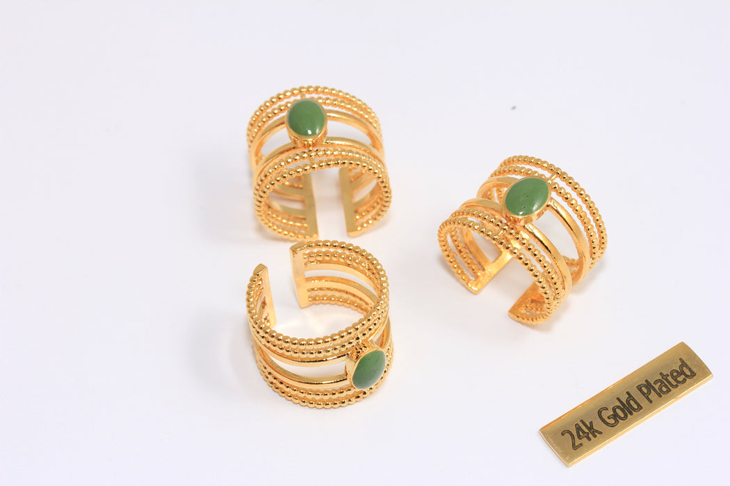 17-18mm 24k Shiny Gold Rings, Green Drop Enamel Rings, Statement Rings, Triple Layered Band Rings, CMR46