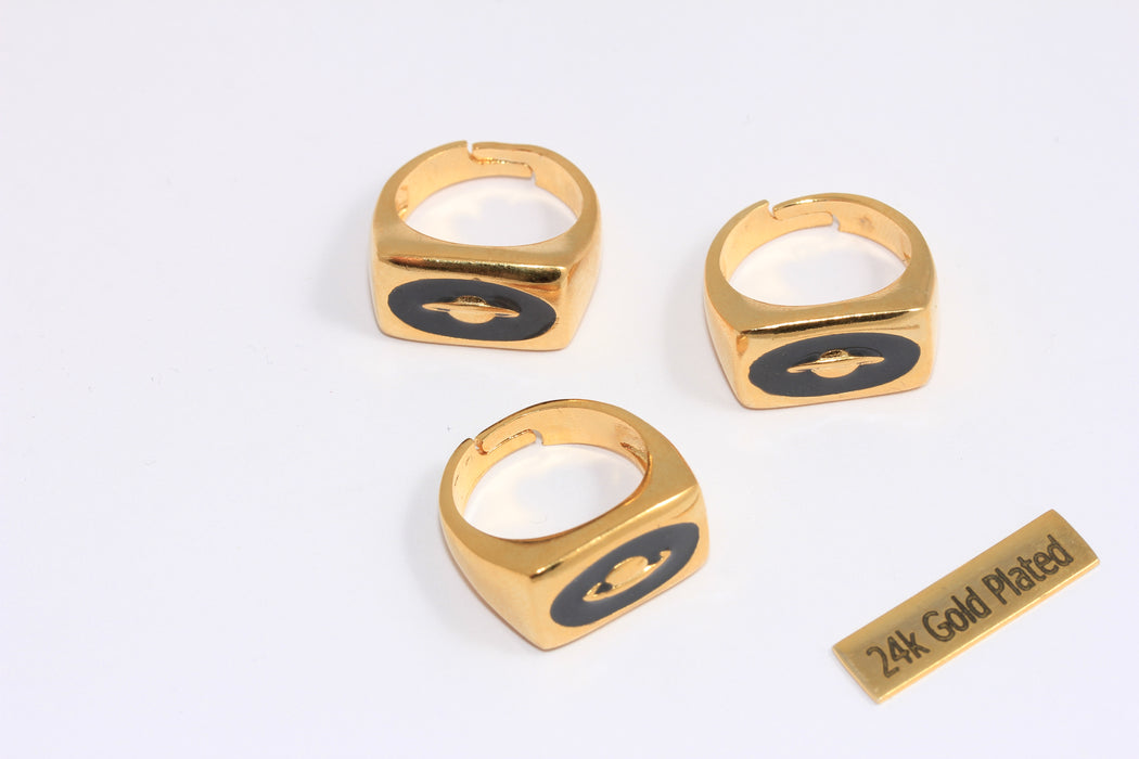 17-18mm 24k Shiny Gold Rings, Dark Blue Enamel Square Rings, Cosmos Ring, Gold Planet Rings, Cube Rings, CMR46