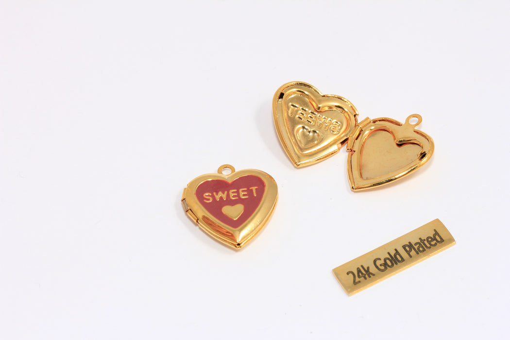 19x22mm 24k Shiny Gold Heart Locket Pendant, Enamel Heart Necklace, Sweetheart Locket Medallion, Heart Love Charm, XP96