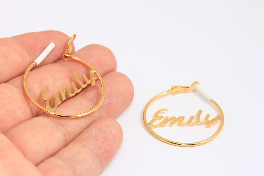 35mm 24k Shiny Gold Name Earring Hoops, Personalized Name Earring, Hoop Earrings, Earring Settings, Large Hoop Earrings, Gold Plated Earrings, CHK368-1