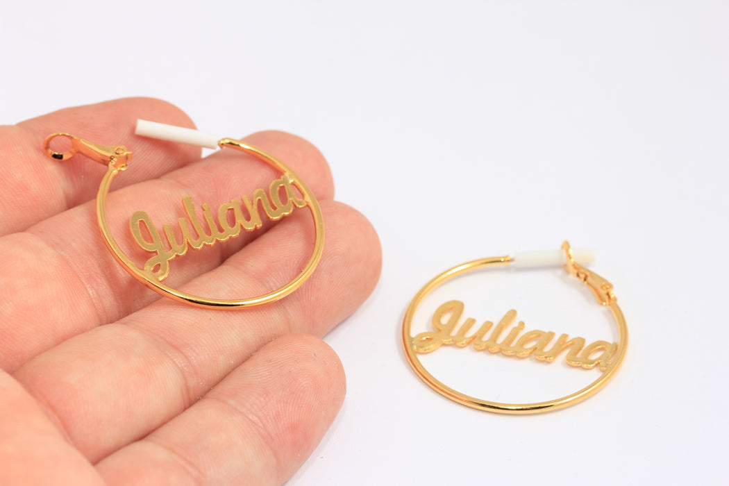 35mm 24k Shiny Gold Name Earring Hoops, Personalized Name Earring, Hoop Earrings, Earring Settings, Large Hoop Earrings, Gold Plated Earrings, CHK368-1