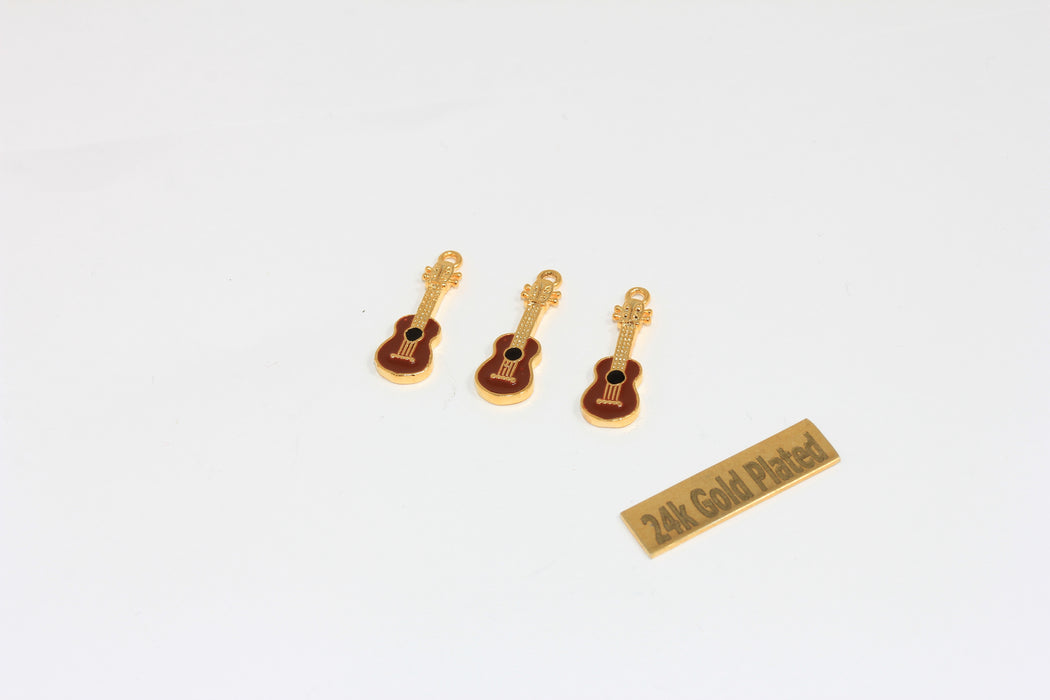 7x20mm 24k Gold Guitar Pendant, Red Enamel Guitar, Music Charms, ZRCN899