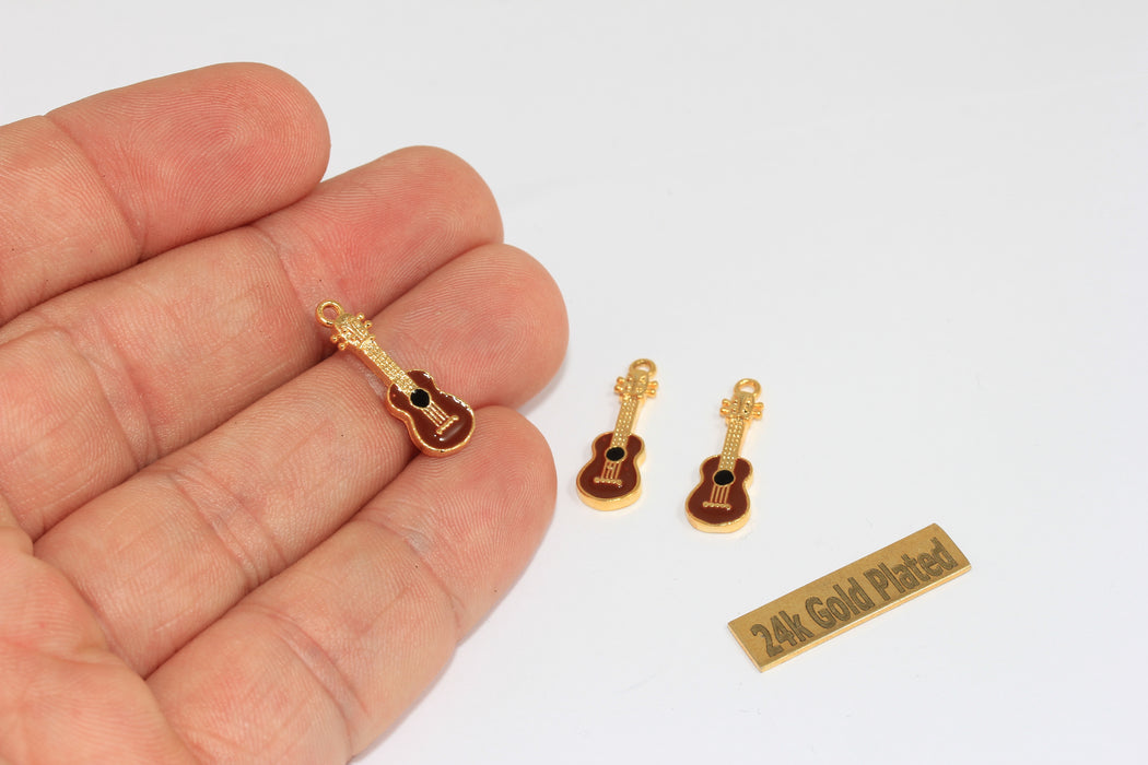 7x20mm 24k Gold Guitar Pendant, Red Enamel Guitar, Music Charms, ZRCN899