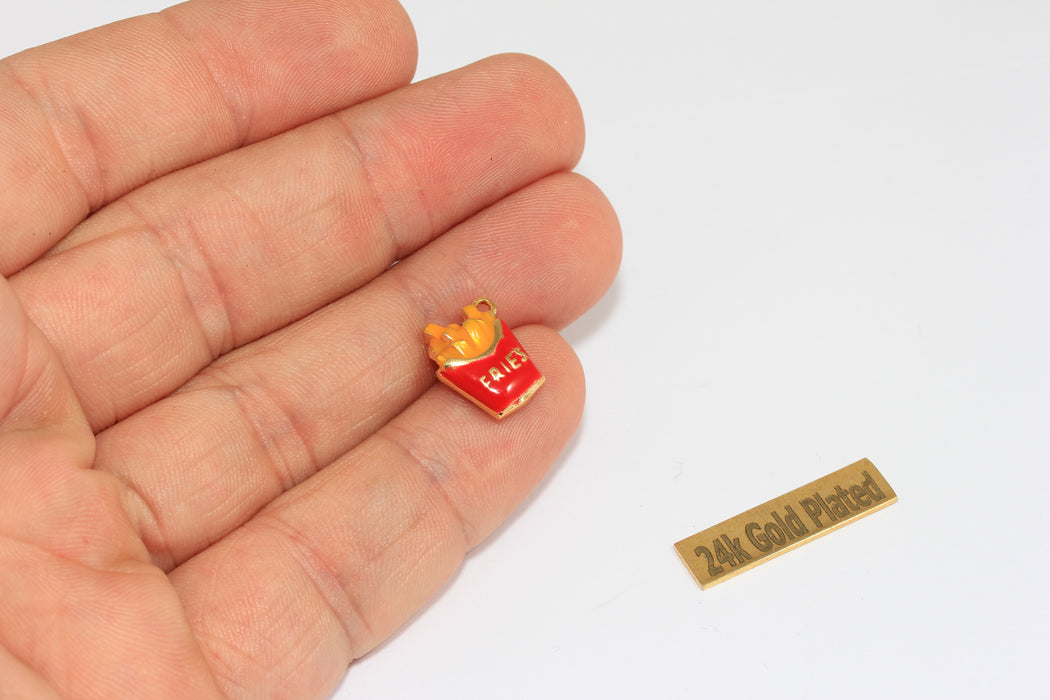 10x14mm 24k Shiny Gold Charm, Enamel French Fries Pendant, Food Lovers, ZRCN893