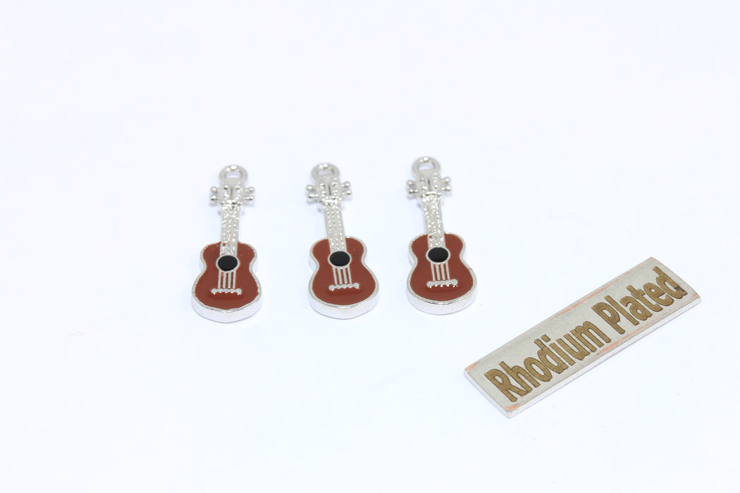 7x20mm Rhodium Plated Guitar Pendant, Red Enamel Guitar, Music Charms, ZRCN912