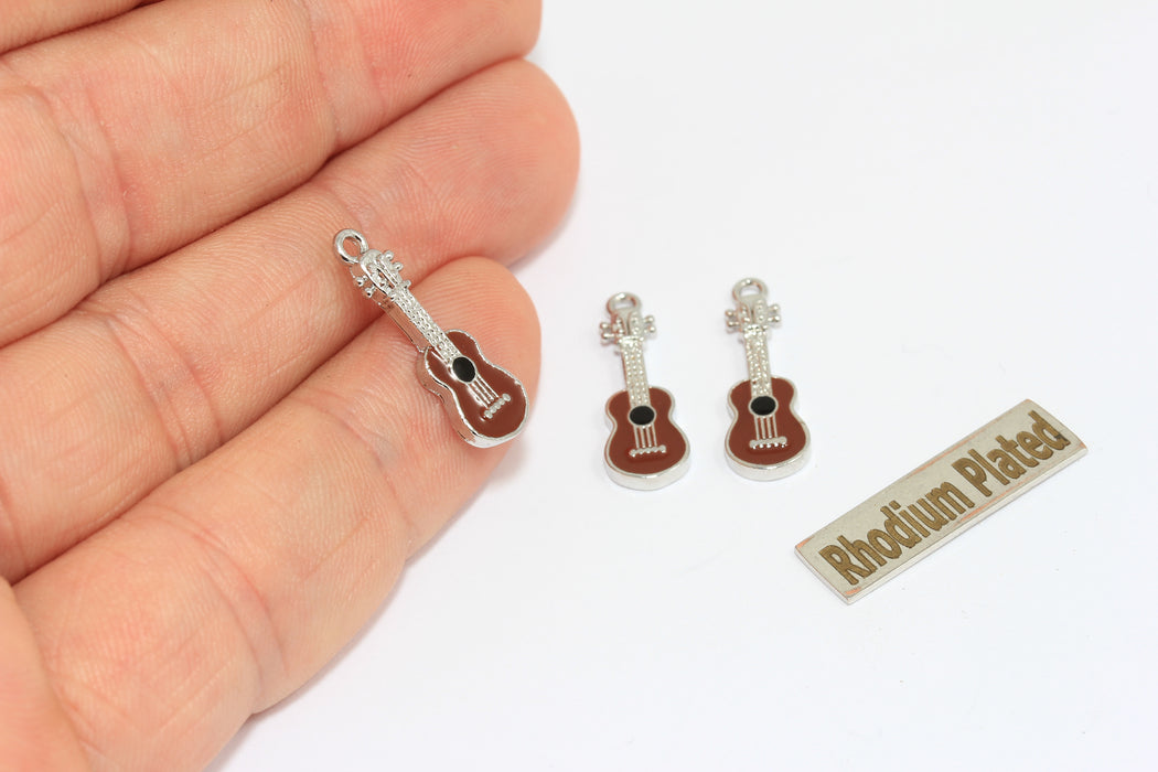 7x20mm Rhodium Plated Guitar Pendant, Red Enamel Guitar, Music Charms, ZRCN912