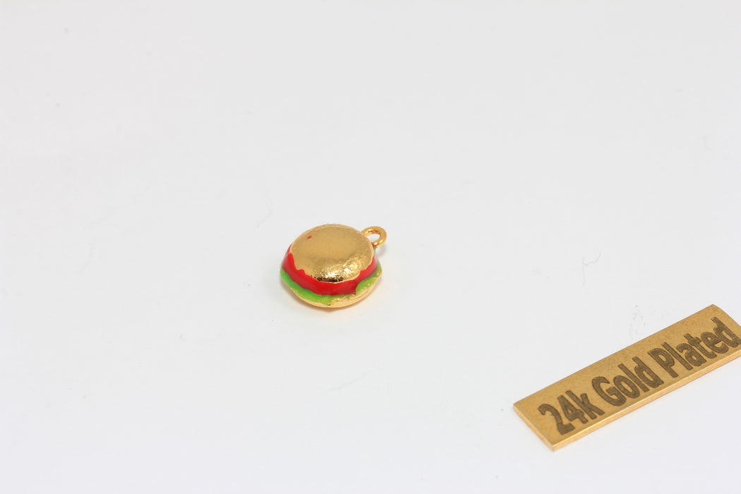 10mm 24k Shiny Gold Hamburger Charm, Enamel Burger Pendant, Food Lovers, ZRCN892