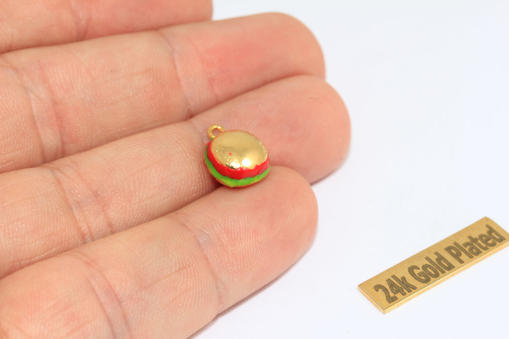 10mm 24k Shiny Gold Hamburger Charm, Enamel Burger Pendant, Food Lovers, ZRCN892
