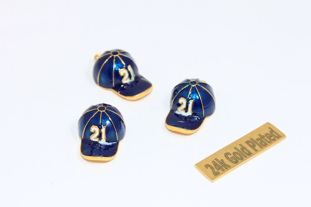 12x18mm 24k Shiny Gold Baseball Hat Charm, Blue Enamel Baseball Hat Pendant, Sport's Jewelry Charms, AE208-1