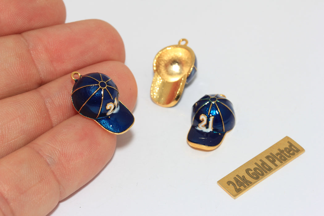 12x18mm 24k Shiny Gold Baseball Hat Charm, Blue Enamel Baseball Hat Pendant, Sport's Jewelry Charms, AE208-1