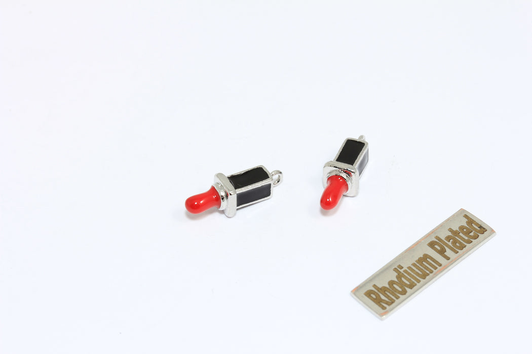 6x14mm Rhodium Plated Lipstick Pendant, Enamel Lipstick Charms, Makeup Lovers, AE208-2