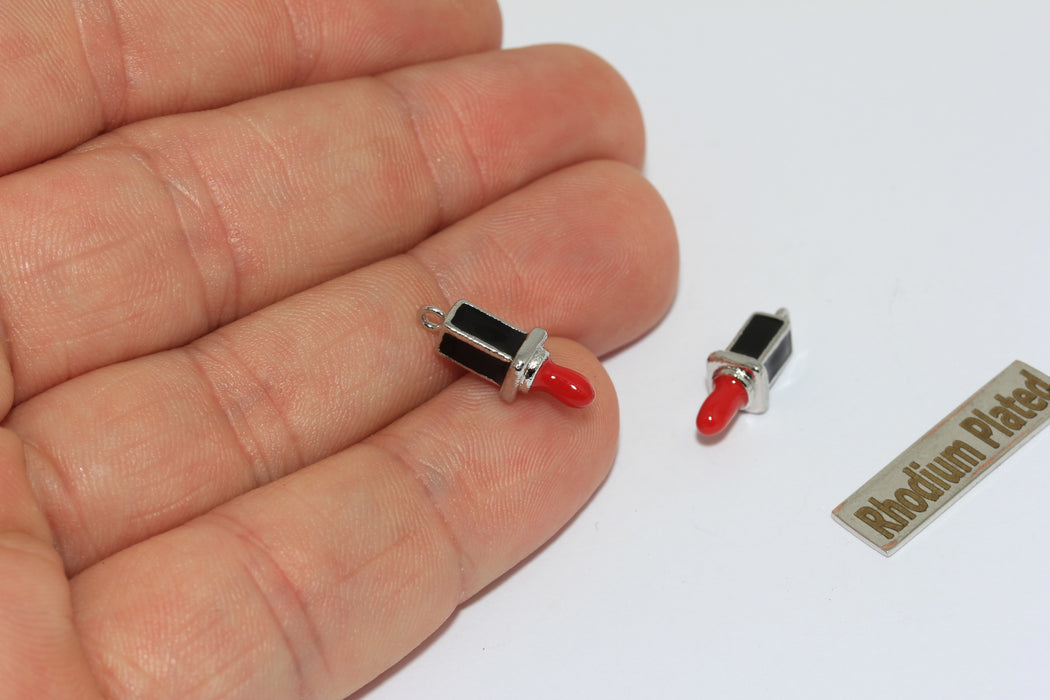 6x14mm Rhodium Plated Lipstick Pendant, Enamel Lipstick Charms, Makeup Lovers, AE208-2