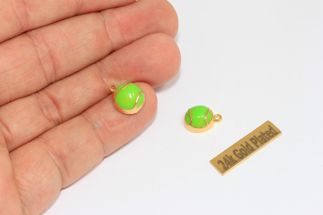 10mm 24k Shiny Gold Tennis Ball Charm, Green Enamel Tennis Ball Pendant, Sport's Jewelry Charms, ZRCN894-1