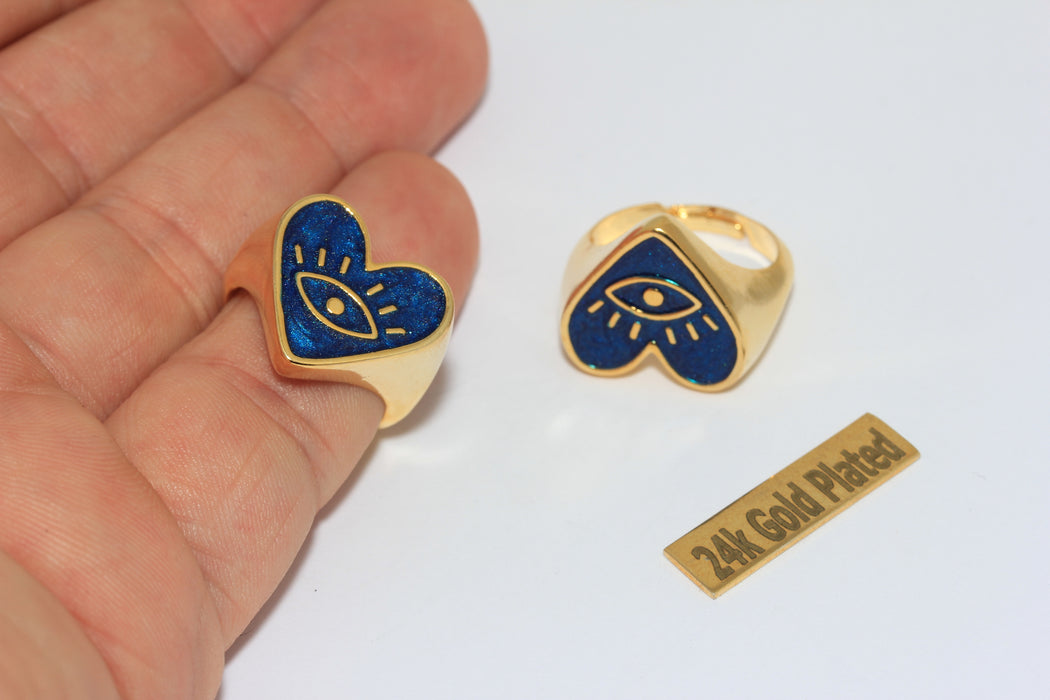 17mm 24k Gold Heart Shaped Ring, Night Blue Enamel Eye Statement Ring, ZRCN894-2