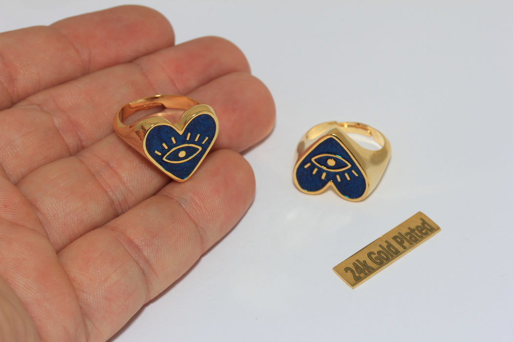 17mm 24k Gold Heart Shaped Ring, Night Blue Enamel Eye Statement Ring, ZRCN894-2