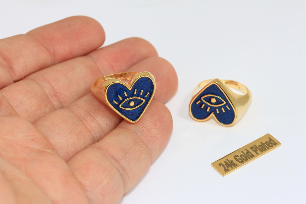 17mm 24k Gold Heart Shaped Ring, Night Blue Enamel Eye Statement Ring, ZRCN894-2