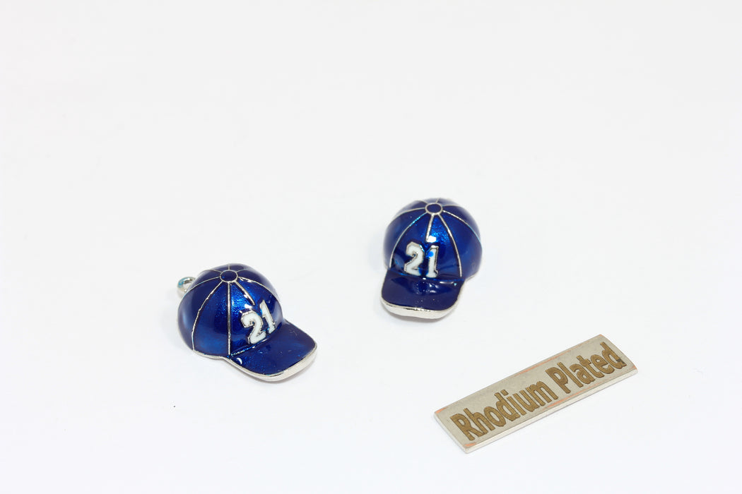 12x18mm Rhodium Plated Baseball Hat Charm, Blue Enamel Baseball Hat Pendant, Sport's Jewelry, ZRCN909-1