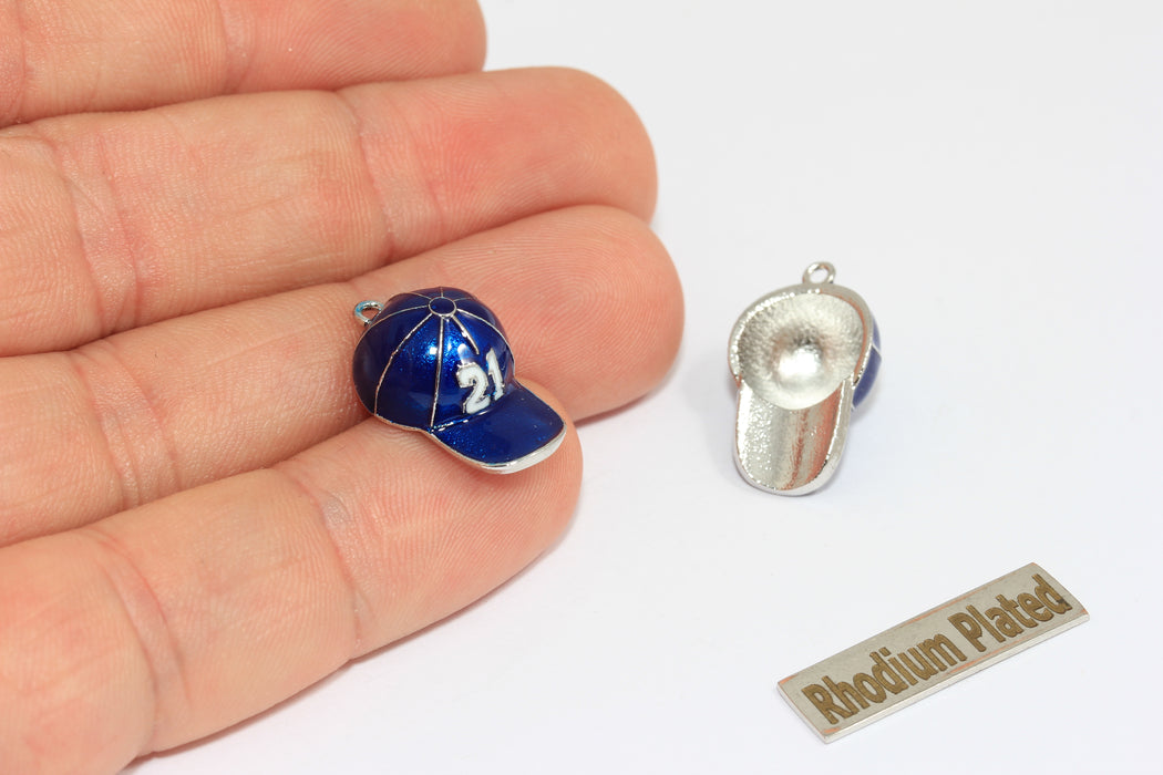 12x18mm Rhodium Plated Baseball Hat Charm, Blue Enamel Baseball Hat Pendant, Sport's Jewelry, ZRCN909-1