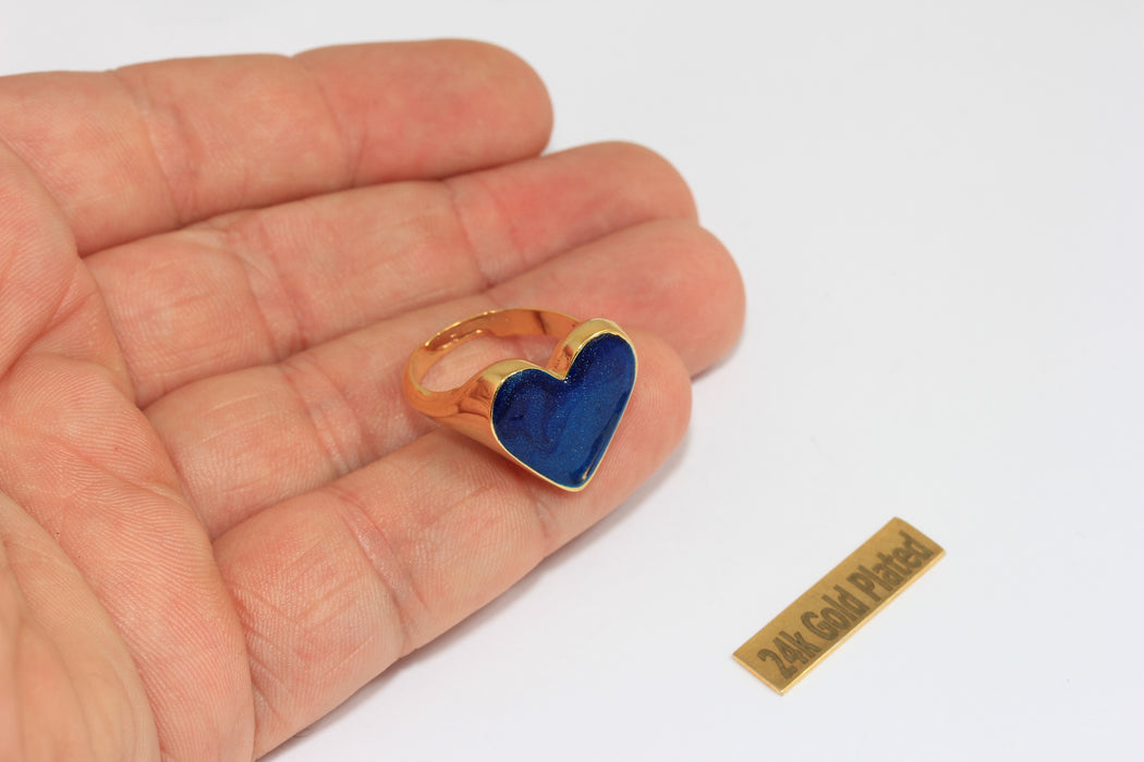 17-18mm 24k Shiny Gold Heart Shaped Rings, Blue Enamel Heart Ring, ZRCN895-2