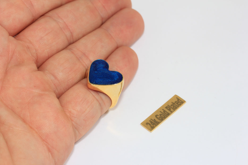 17-18mm 24k Shiny Gold Heart Shaped Rings, Blue Enamel Heart Ring, ZRCN895-2