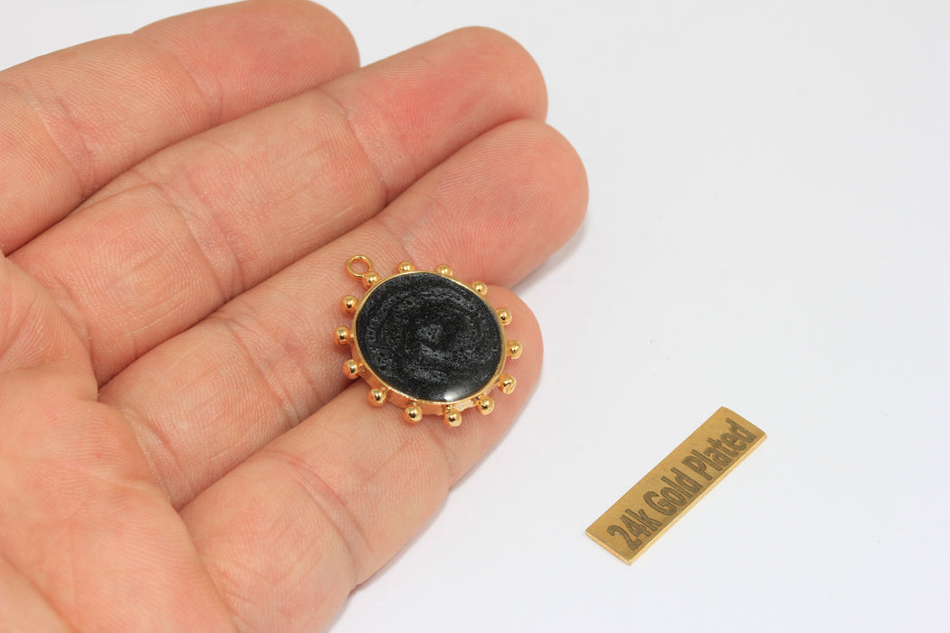 22mm 24k Shiny Gold Sun Pendant, Black Enamel Sun Medallion Pendant, ZRCN895-1