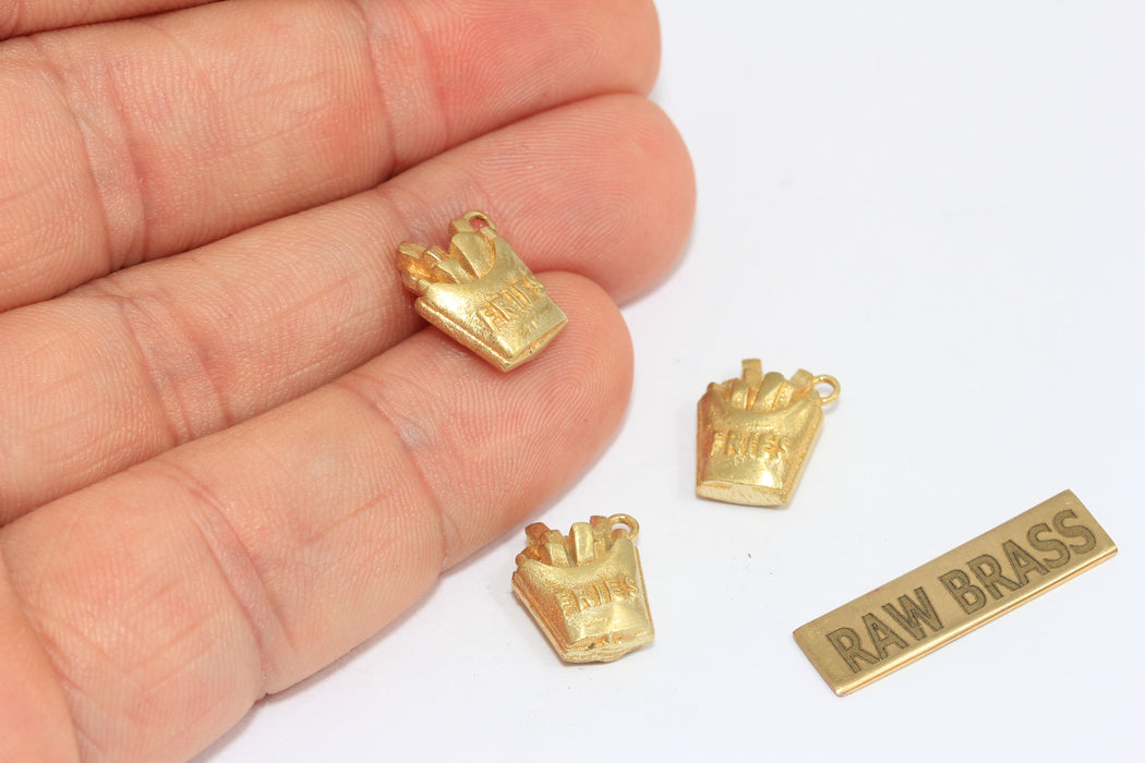 10x14mm Raw Brass Charm, Enamel French Fries Pendant, Food Lovers, ZPR406