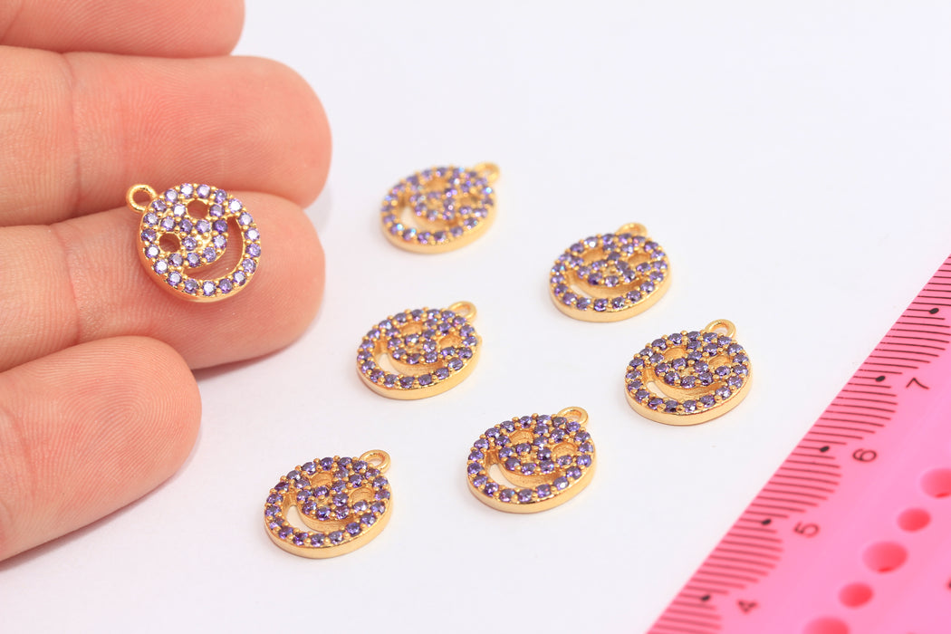 12x14mm 24 Ayar Parlak Altın Gülen Yüzlü Takılar, CZ Mor Taşlı Gülen Yüzlü Boncuklar, MTE910