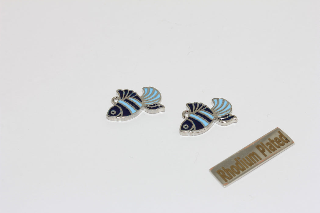 10x17mm Rhodium Plated Fish Charms, B;ue Enamel Fish Pendant Charms, Pisces Pendant, ZRCN898-1
