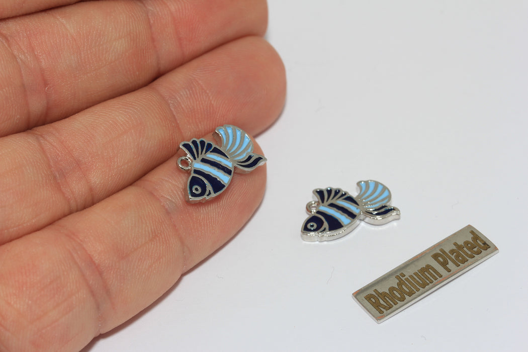 10x17mm Rhodium Plated Fish Charms, B;ue Enamel Fish Pendant Charms, Pisces Pendant, ZRCN898-1