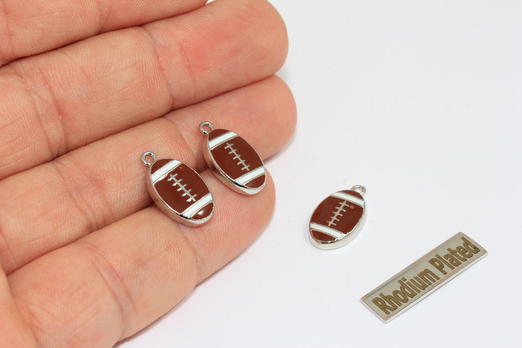 10x16mm Rhodium Plated Rugby Ball Charm, Enamel American Football Pendant, ZRCN898-2