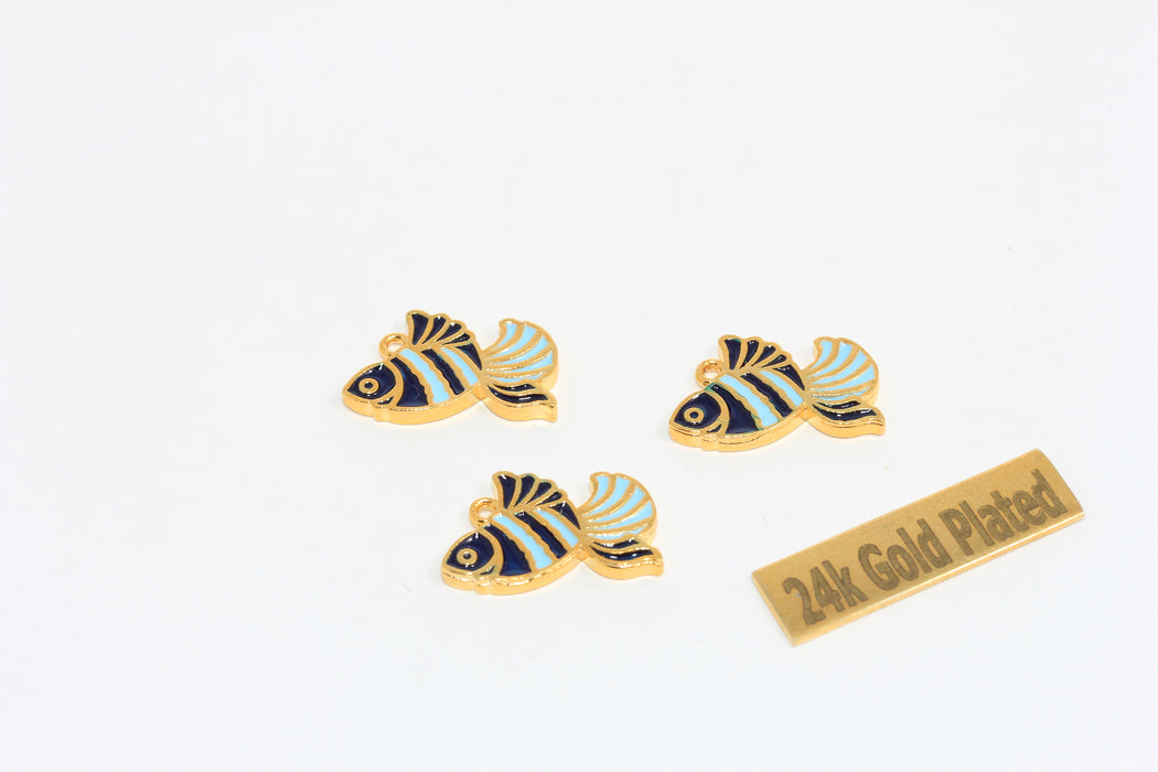 10x17mm 24k Shiny Gold Fish Charms, Blue Enamel Fish Pendant Charms, Pisces Pendant, ZRCN908-1
