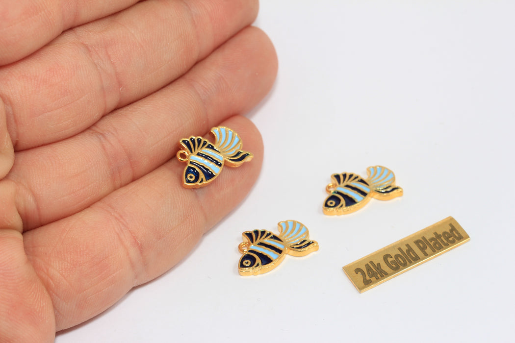 10x17mm 24k Shiny Gold Fish Charms, Blue Enamel Fish Pendant Charms, Pisces Pendant, ZRCN908-1
