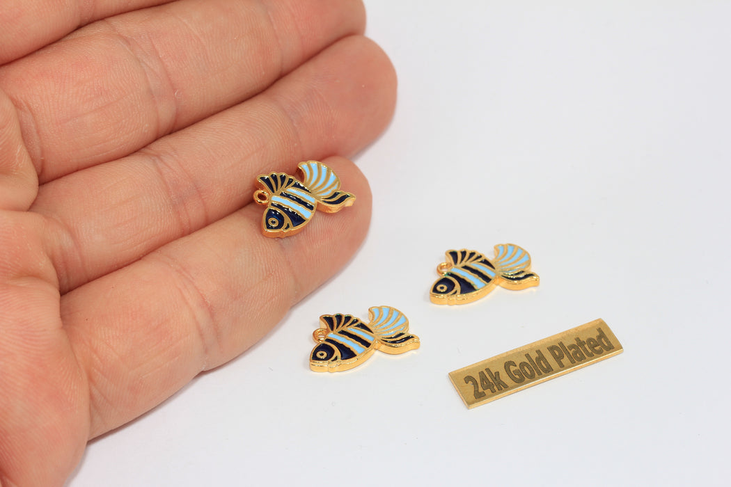 10x17mm 24k Shiny Gold Fish Charms, Blue Enamel Fish Pendant Charms, Pisces Pendant, ZRCN908-1
