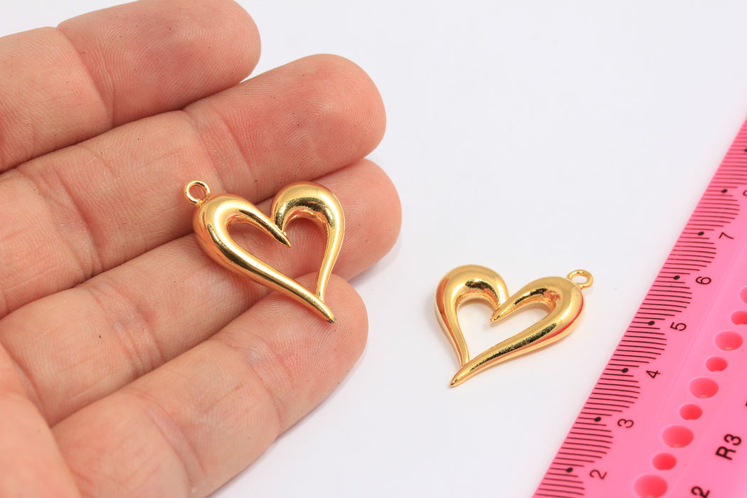 22mm 24k Shiny Gold Heart Pendant, Outline Frame Heart Medallion, MTE113