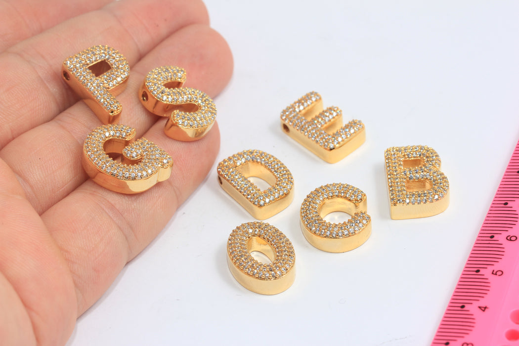 14x16mm 24k Shiny Gold Letters, Cz White Stone Letter Beads, Name Letter, Alphabet, Balloon Letter, Personalized, Micro Pave Letter, HRF47