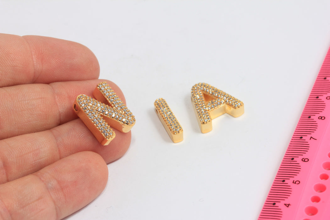 14x16mm 24k Shiny Gold Letters, Cz White Stone Letter Beads, Name Letter, Alphabet, Balloon Letter, Personalized, Micro Pave Letter, HRF47