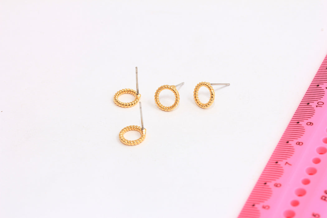 10mm 24k Shiny Gold Stud Earrings, Open Circle Braided Stud Earrings, HRN70