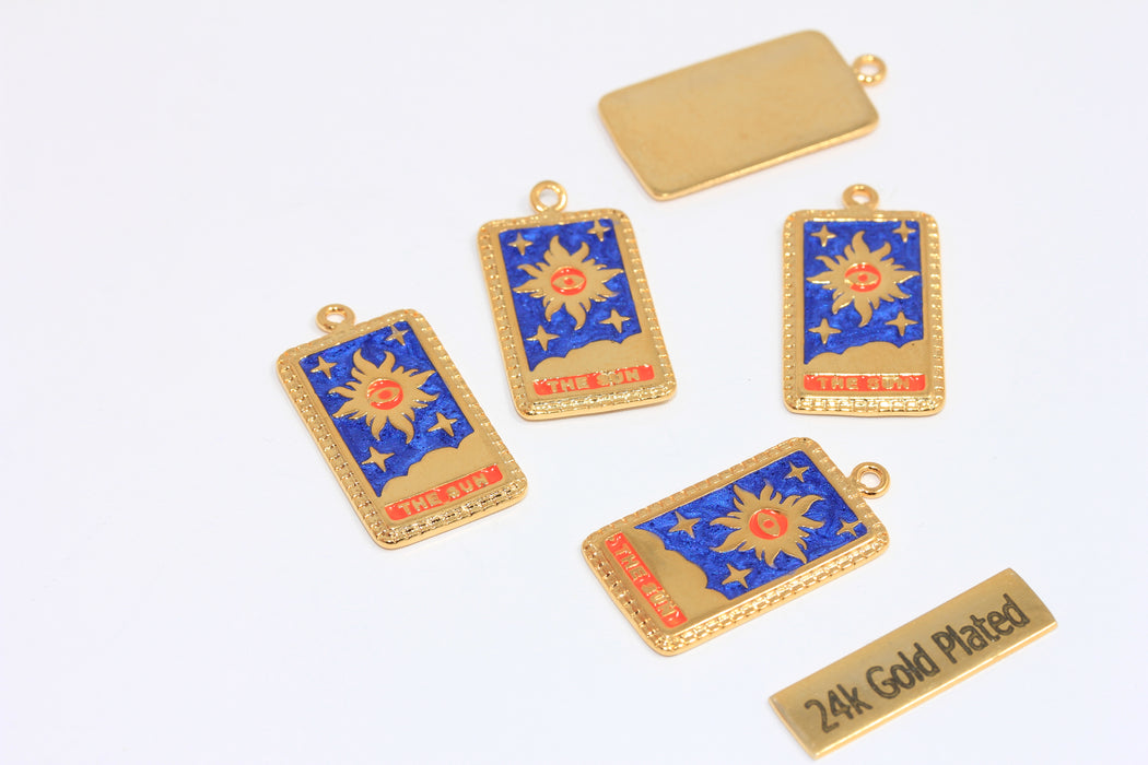 15x26mm 24k Shiny Gold Tarot Card Charms, Tarot Sun Card Charm, Blue Enamel Square Medallion, Mystic Jewelry, CMR5