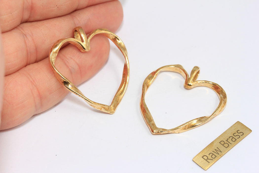 34x35mm Raw Brass Heart Charms, Twisted Heart Pendant, Brass Heart Necklace Charms, Outline Heart Charm, XP394