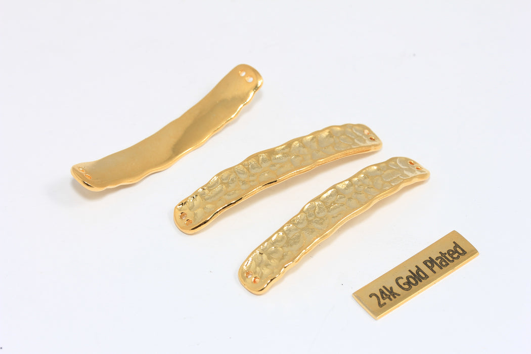 8x42mm 24k Shiny Gold Curved Hammered Bar, Hammered Bracelet Connector, Bracelet Settings, CMR51